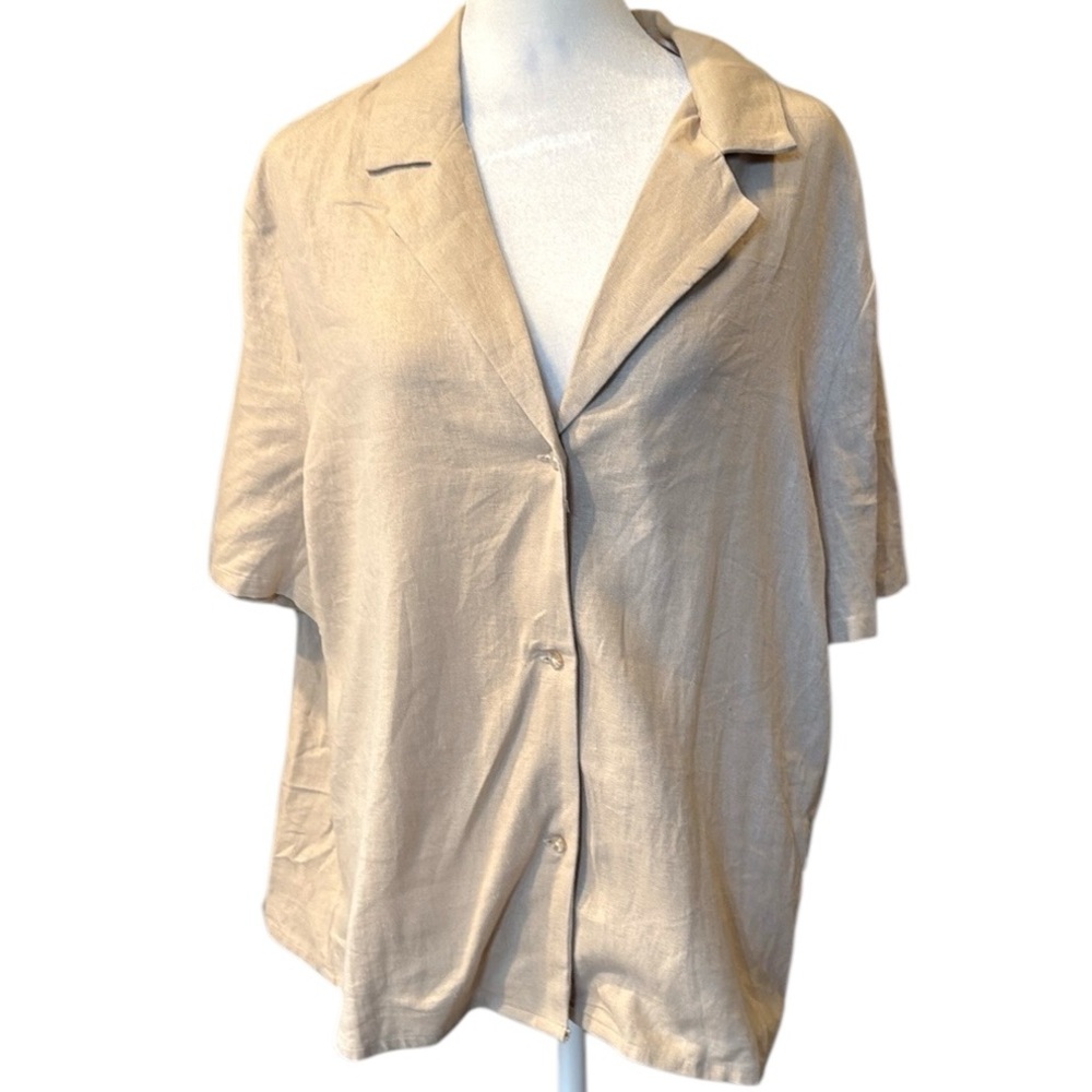 CeCe Linen Blend Button Down Short Sleeve Woman's‎ Top Large NWT